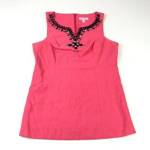 Lilly Pulitzer Blouse Pink Jeweled Neck V-Neck Top Womens Size 4